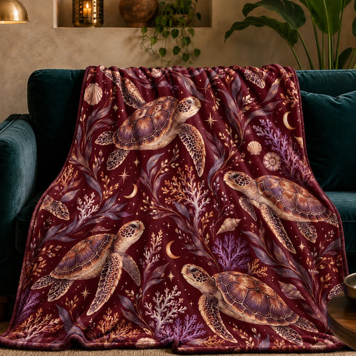 Burgundy Night Sea Turtle fleece throw blanket — copper sea turtles with purple coral, shells, crescent moons and stars on deep burgundy