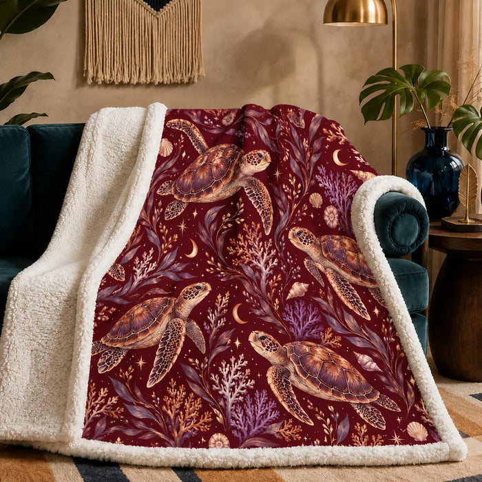 Burgundy Night Sea Turtle sherpa blanket — copper sea turtles with purple coral, shells, crescent moons and stars on deep burgundy