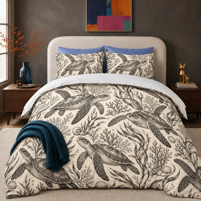 Charcoal Engraving Sea Turtle comforter set — charcoal engraved sea turtles with kelp, coral and shells on cream