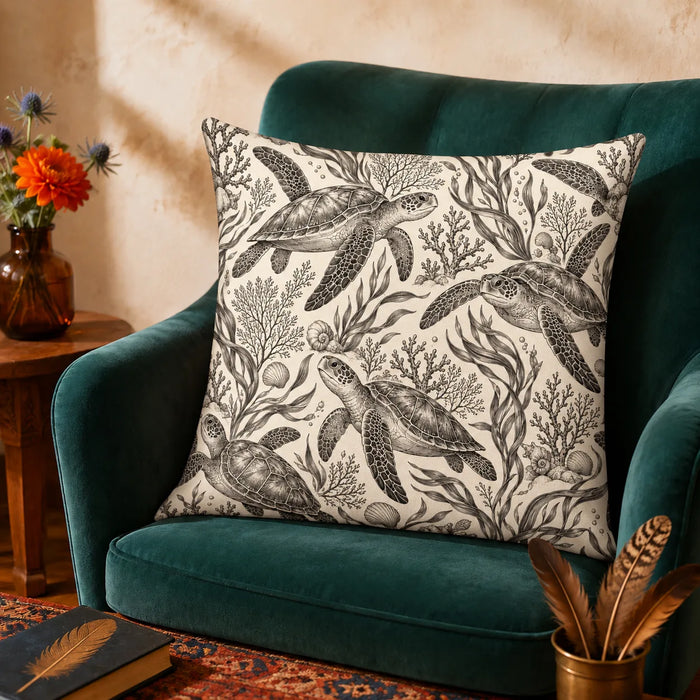 Charcoal Engraving Sea Turtle cushion cover set — charcoal engraved sea turtles with kelp, coral and shells on cream