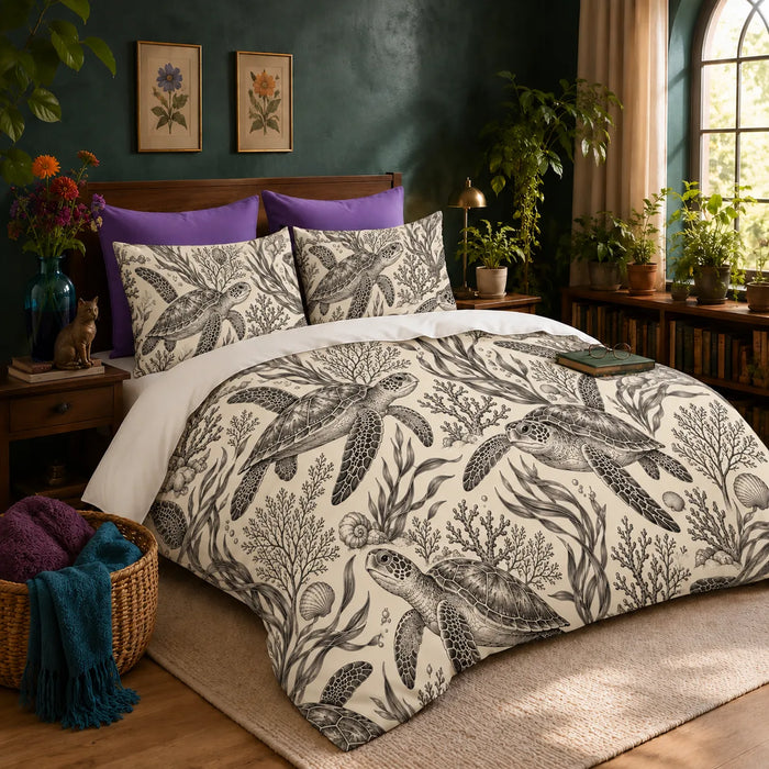 Charcoal Engraving Sea Turtle duvet cover set — charcoal engraved sea turtles with kelp, coral and shells on cream