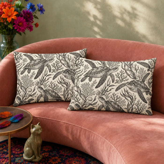 Charcoal Engraving Sea Turtle pillowcase set — charcoal engraved sea turtles with kelp, coral and shells on cream