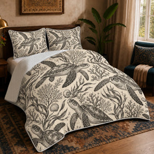 Charcoal Engraving Sea Turtle quilt set — charcoal engraved sea turtles with kelp, coral and shells on cream