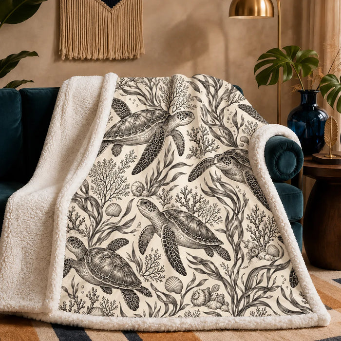 Charcoal Engraving Sea Turtle sherpa blanket — charcoal engraved sea turtles with kelp, coral and shells on cream