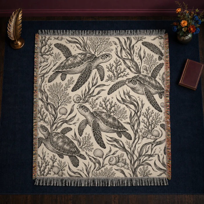 Charcoal Engraving Sea Turtle woven throw blanket — charcoal engraved sea turtles with kelp, coral and shells on cream