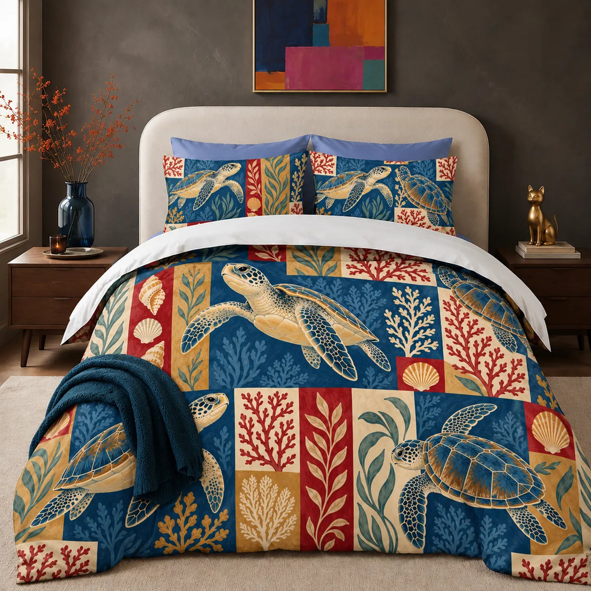 Heirloom Patchwork Sea Turtle comforter set — sea turtles, coral and shells in navy, red, mustard and cream patchwork blocks