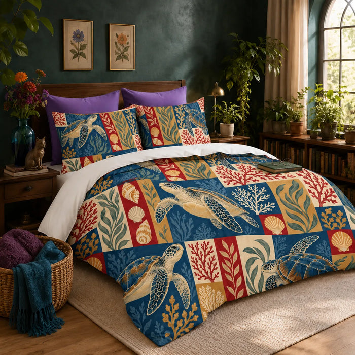 Heirloom Patchwork Sea Turtle duvet cover set — sea turtles, coral and shells in navy, red, mustard and cream patchwork blocks