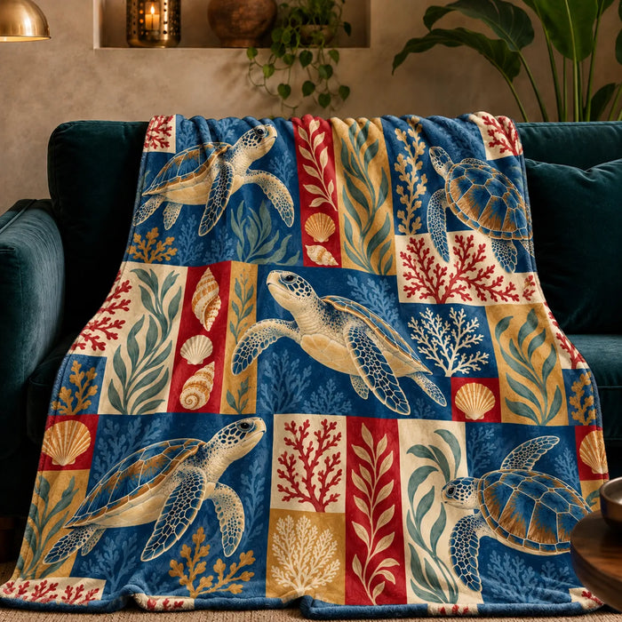 Heirloom Patchwork Sea Turtle fleece throw blanket — sea turtles, coral and shells in navy, red, mustard and cream patchwork blocks