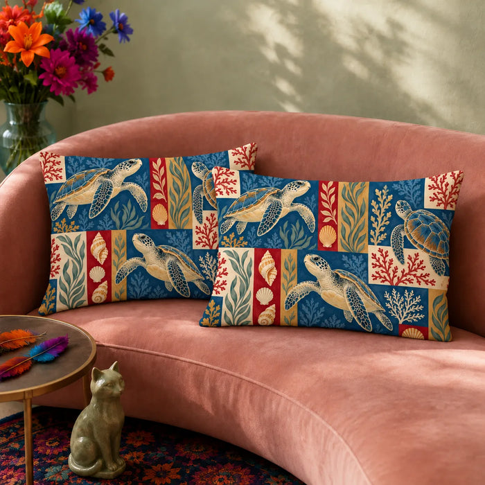 Heirloom Patchwork Sea Turtle pillowcase set — sea turtles, coral and shells in navy, red, mustard and cream patchwork blocks