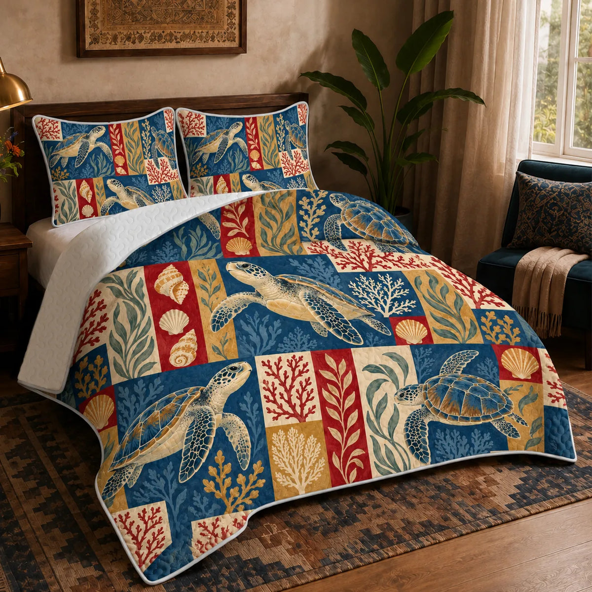 Heirloom Patchwork Sea Turtle quilt set — sea turtles, coral and shells in navy, red, mustard and cream patchwork blocks