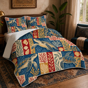 Heirloom Patchwork Sea Turtle quilt set — sea turtles, coral and shells in navy, red, mustard and cream patchwork blocks