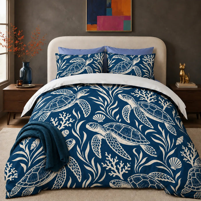 Indigo Block Print Sea Turtle comforter set — cream outline sea turtles with coral, seaweed and shells on deep indigo blue