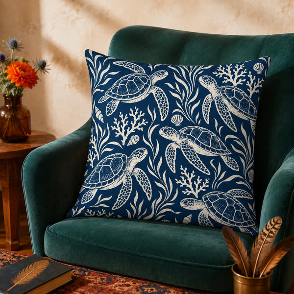 Indigo Block Print Sea Turtle cushion cover set — cream outline sea turtles with coral, seaweed and shells on deep indigo blue