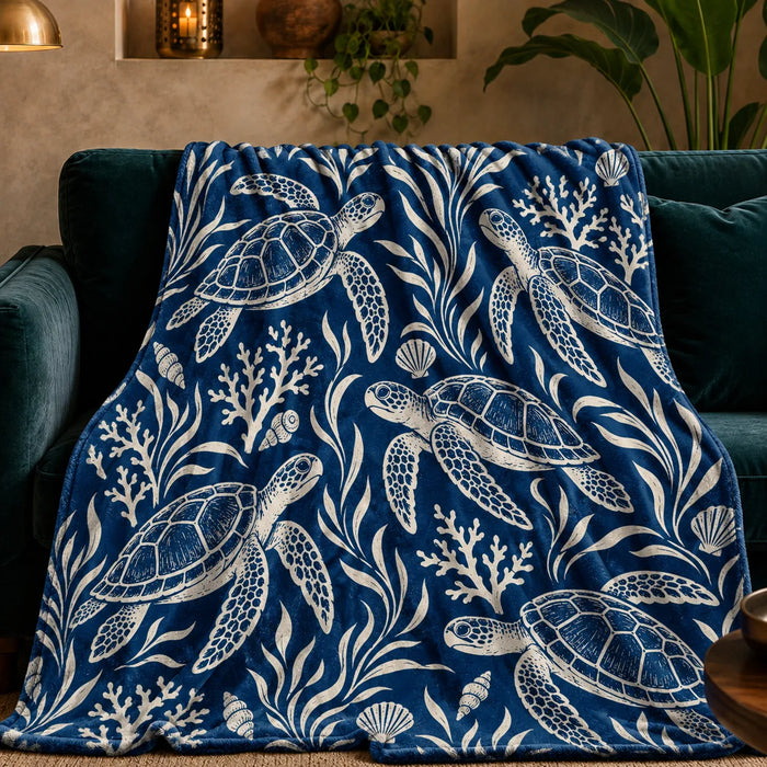 Indigo Block Print Sea Turtle fleece throw blanket — cream outline sea turtles with coral, seaweed and shells on deep indigo blue