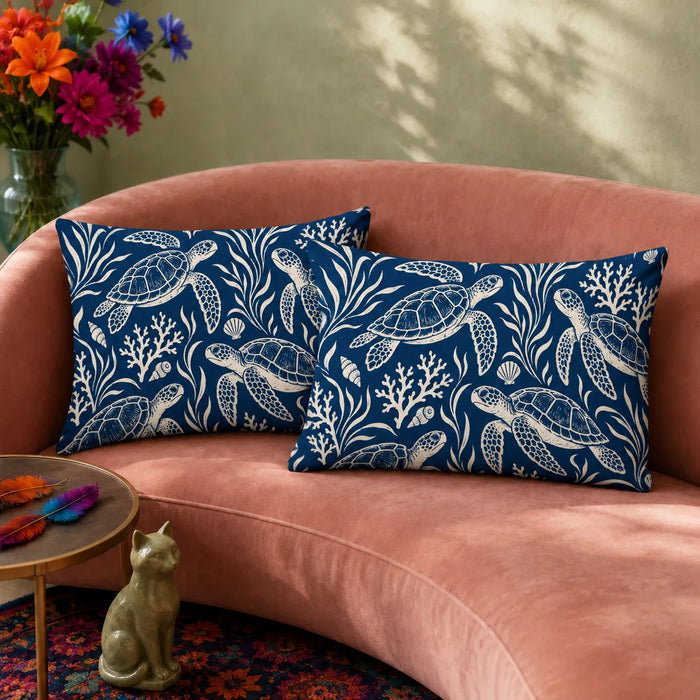 Indigo Block Print Sea Turtle pillowcase set — cream outline sea turtles with coral, seaweed and shells on deep indigo blue
