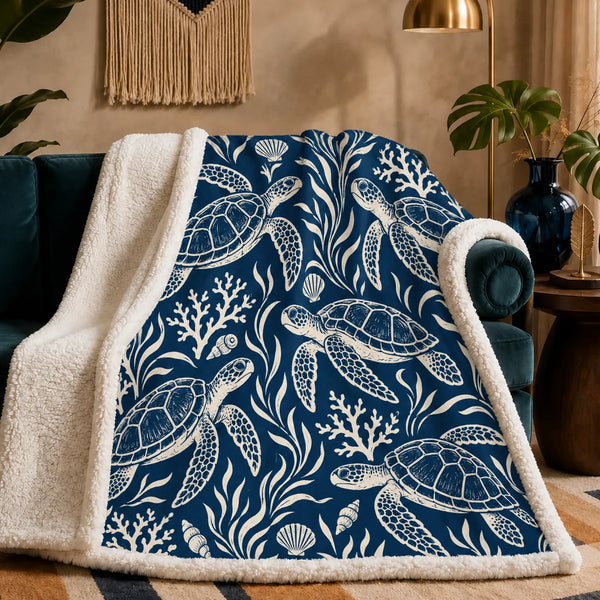 Indigo Block Print Sea Turtle sherpa blanket — cream outline sea turtles with coral, seaweed and shells on deep indigo blue