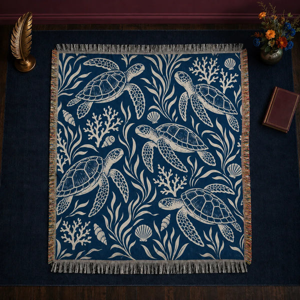 Indigo Block Print Sea Turtle woven throw blanket — cream outline sea turtles with coral, seaweed and shells on deep indigo blue