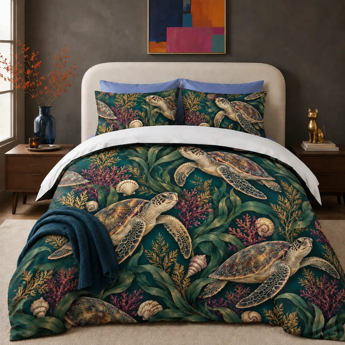 Jewel Botanical Sea Turtle comforter set — gold-shelled sea turtles among emerald kelp, magenta coral and cream shells on deep teal