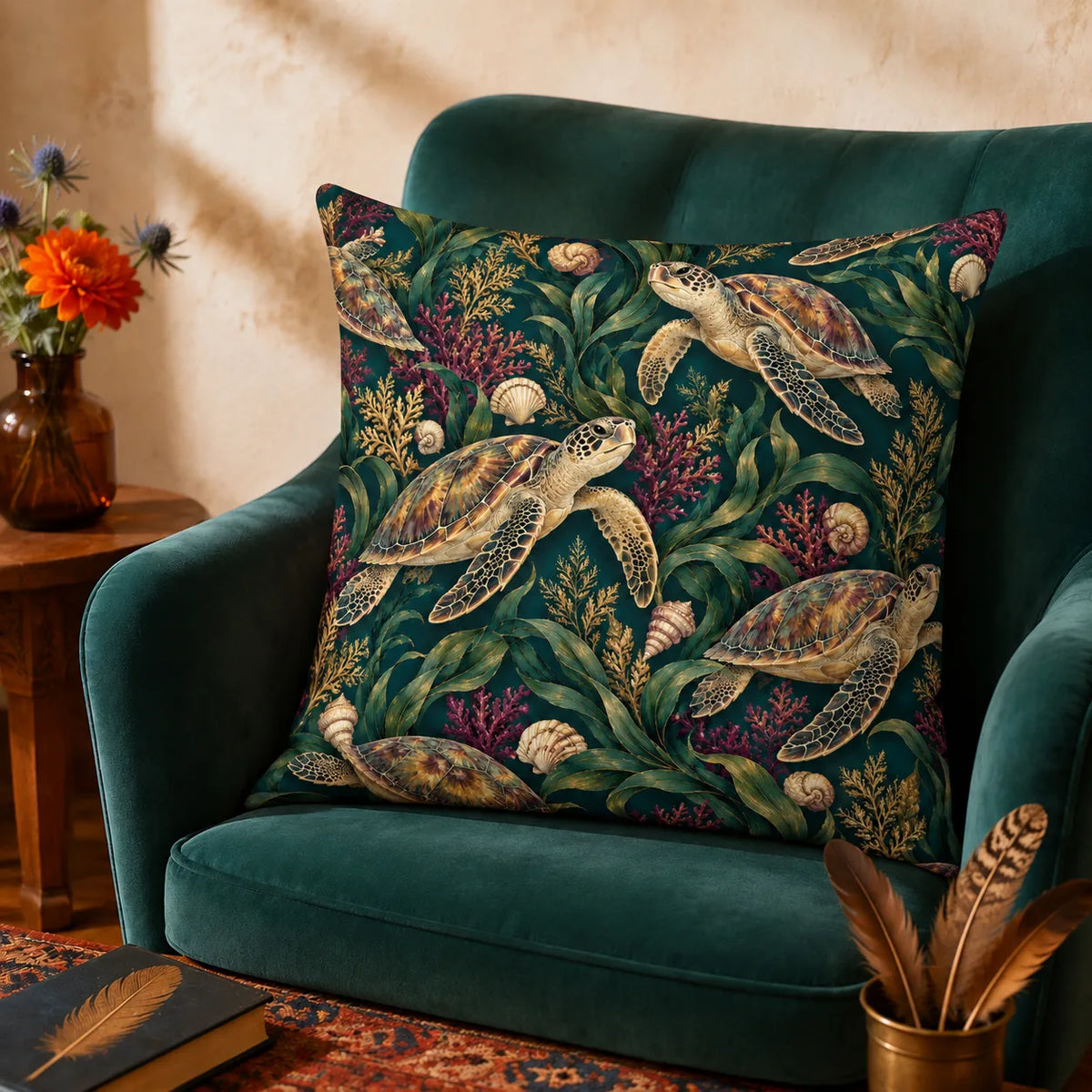 Jewel Botanical Sea Turtle cushion cover set — gold-shelled sea turtles among emerald kelp, magenta coral and cream shells on deep teal