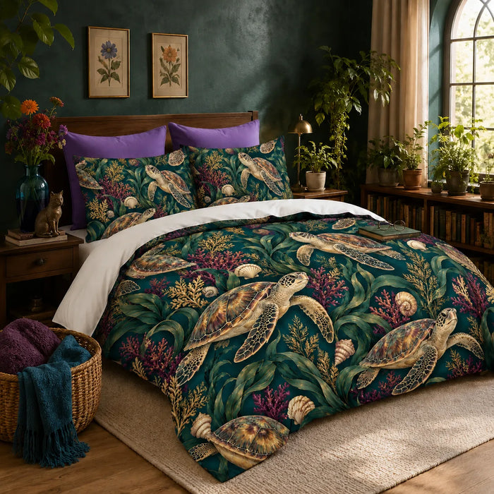Jewel Botanical Sea Turtle duvet cover set — gold-shelled sea turtles among emerald kelp, magenta coral and cream shells on deep teal