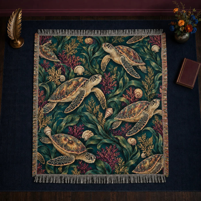 Jewel Botanical Sea Turtle woven throw blanket — gold-shelled sea turtles among emerald kelp, magenta coral and cream shells on deep teal