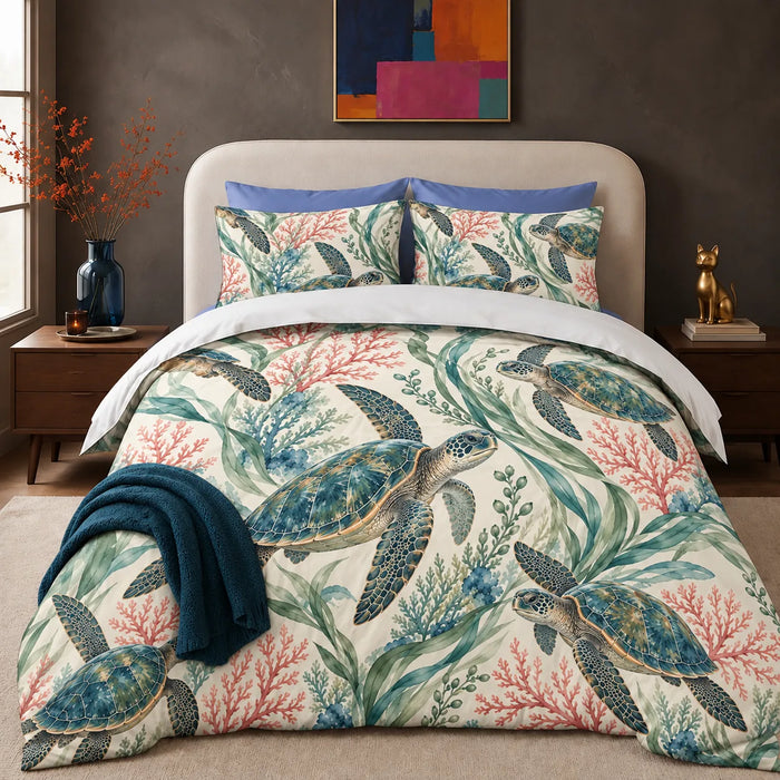 Coral Lagoon Sea Turtle comforter set — watercolor sea turtles with blue-green shells among green seagrass and pink coral on cream