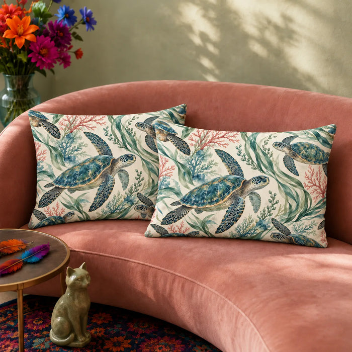 Coral Lagoon Sea Turtle pillowcase set — watercolor sea turtles with blue-green shells among green seagrass and pink coral on cream