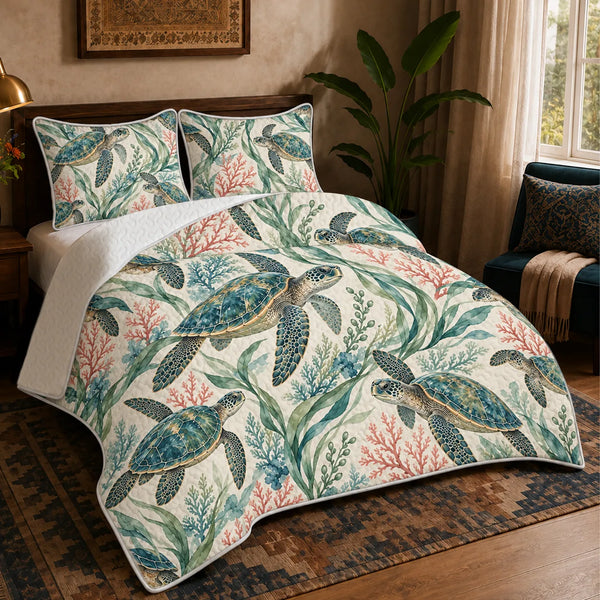 Coral Lagoon Sea Turtle quilt set — watercolor sea turtles with blue-green shells among green seagrass and pink coral on cream