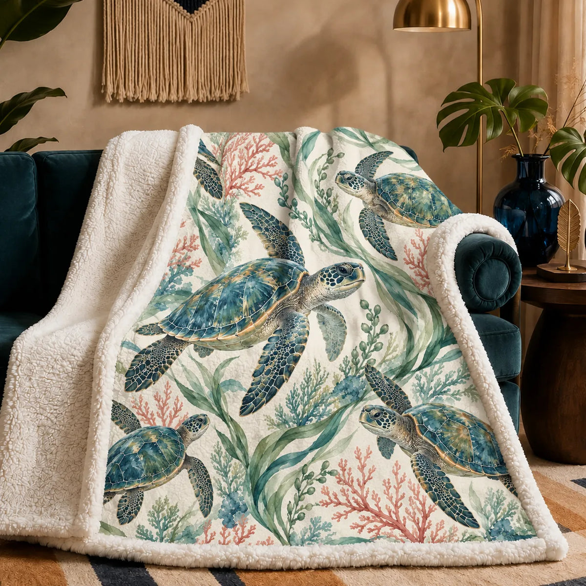 Coral Lagoon Sea Turtle sherpa blanket — watercolor sea turtles with blue-green shells among green seagrass and pink coral on cream