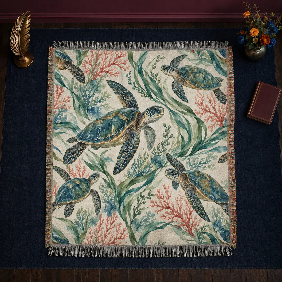 Coral Lagoon Sea Turtle woven throw blanket — watercolor sea turtles with blue-green shells among green seagrass and pink coral on cream