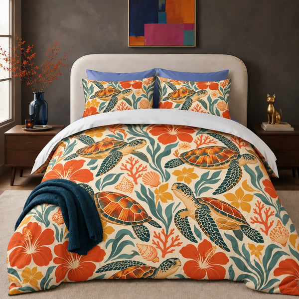 Retro Floral Sea Turtle comforter set — orange-shelled sea turtles among red-orange hibiscus, yellow blossoms and teal leaves on cream