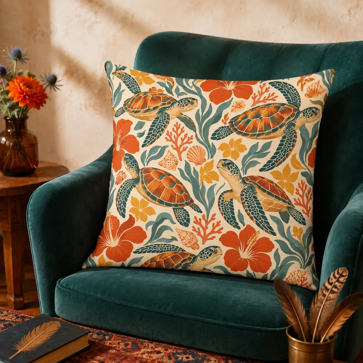 Retro Floral Sea Turtle cushion cover set — orange-shelled sea turtles among red-orange hibiscus, yellow blossoms and teal leaves on cream