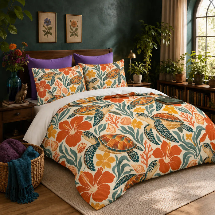 Retro Floral Sea Turtle duvet cover set — orange-shelled sea turtles among red-orange hibiscus, yellow blossoms and teal leaves on cream