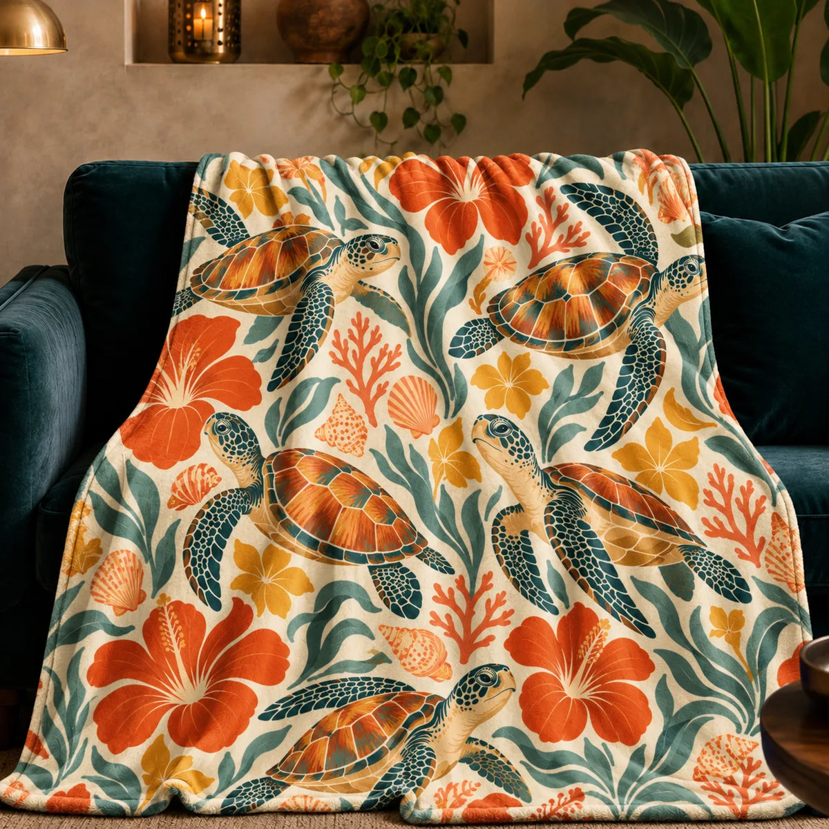 Retro Floral Sea Turtle fleece throw blanket — orange-shelled sea turtles among red-orange hibiscus, yellow blossoms and teal leaves on cream