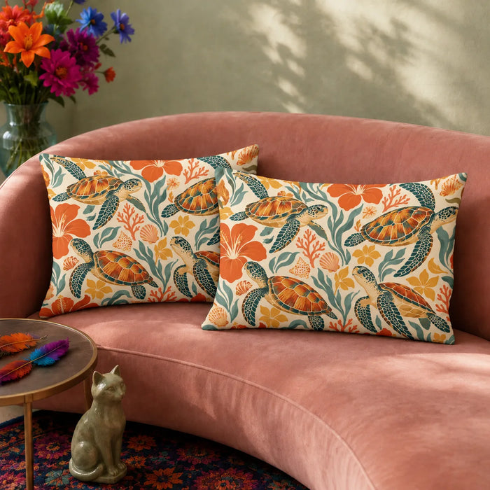Retro Floral Sea Turtle pillowcase set — orange-shelled sea turtles among red-orange hibiscus, yellow blossoms and teal leaves on cream