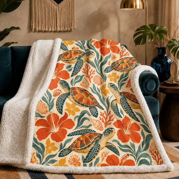 Retro Floral Sea Turtle sherpa blanket — orange-shelled sea turtles among red-orange hibiscus, yellow blossoms and teal leaves on cream