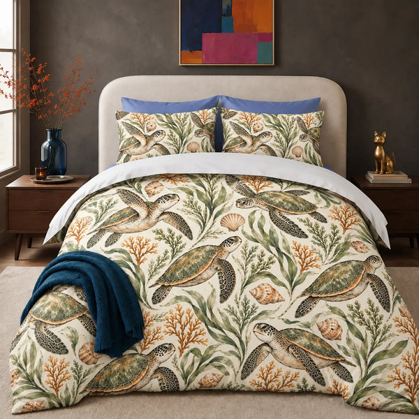 Sage Ink Wash Sea Turtle comforter set — sage and olive ink-wash sea turtles with seagrass, ochre coral and shells on cream