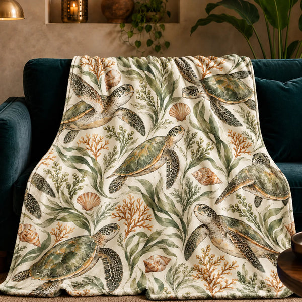 Sage Ink Wash Sea Turtle fleece throw blanket — sage and olive ink-wash sea turtles with seagrass, ochre coral and shells on cream