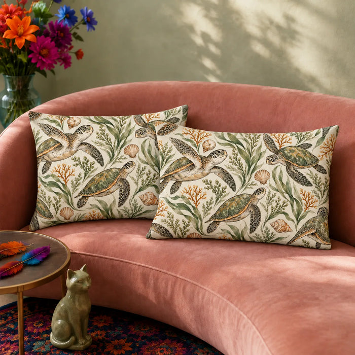 Sage Ink Wash Sea Turtle pillowcase set — sage and olive ink-wash sea turtles with seagrass, ochre coral and shells on cream