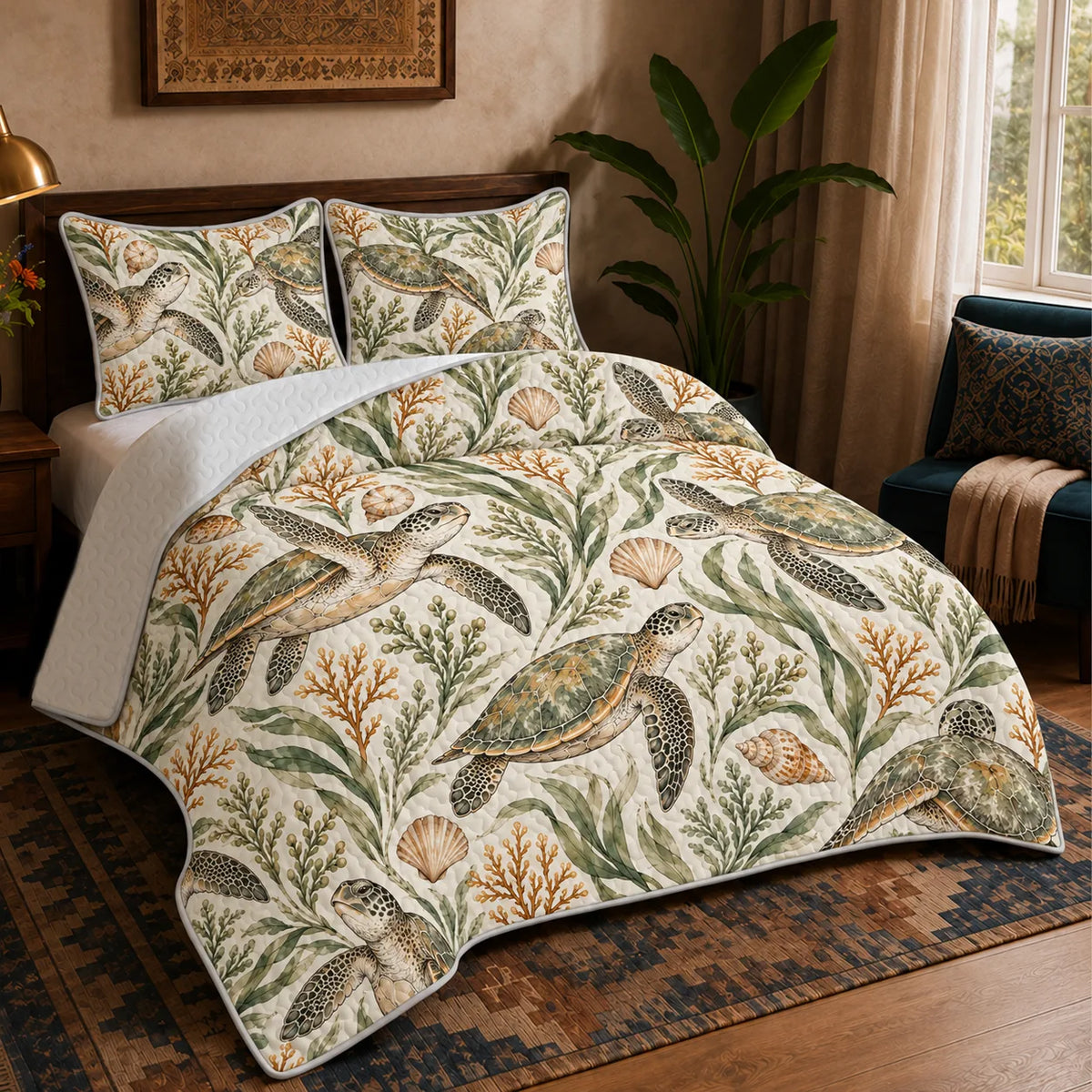 Sage Ink Wash Sea Turtle quilt set — sage and olive ink-wash sea turtles with seagrass, ochre coral and shells on cream
