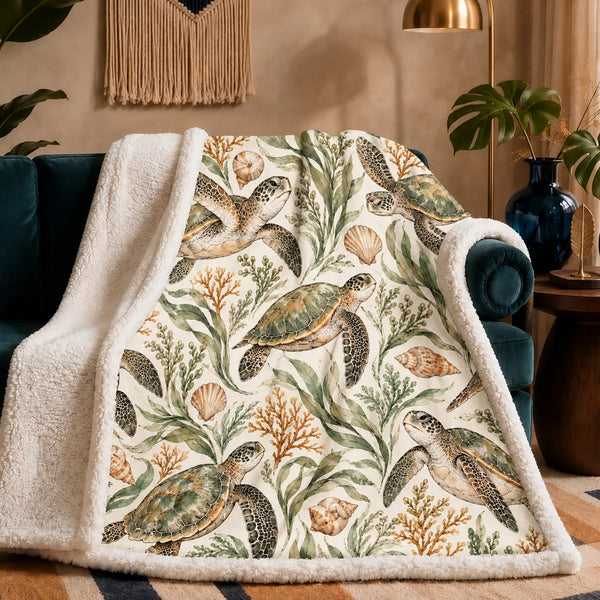 Sage Ink Wash Sea Turtle sherpa blanket — sage and olive ink-wash sea turtles with seagrass, ochre coral and shells on cream