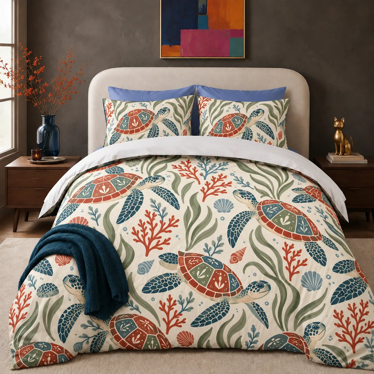 Scandinavian Folk Sea Turtle comforter set — folk art sea turtles with red, blue and sage paneled shells among coral on cream