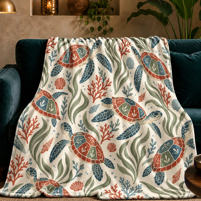 Scandinavian Folk Sea Turtle fleece throw blanket — folk art sea turtles with red, blue and sage paneled shells among coral on cream