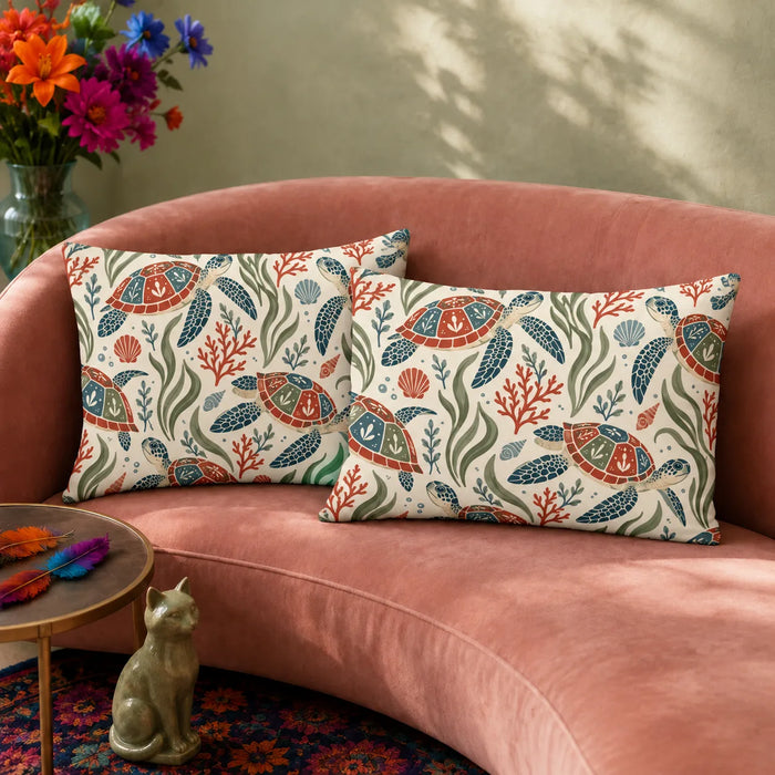 Scandinavian Folk Sea Turtle pillowcase set — folk art sea turtles with red, blue and sage paneled shells among coral on cream