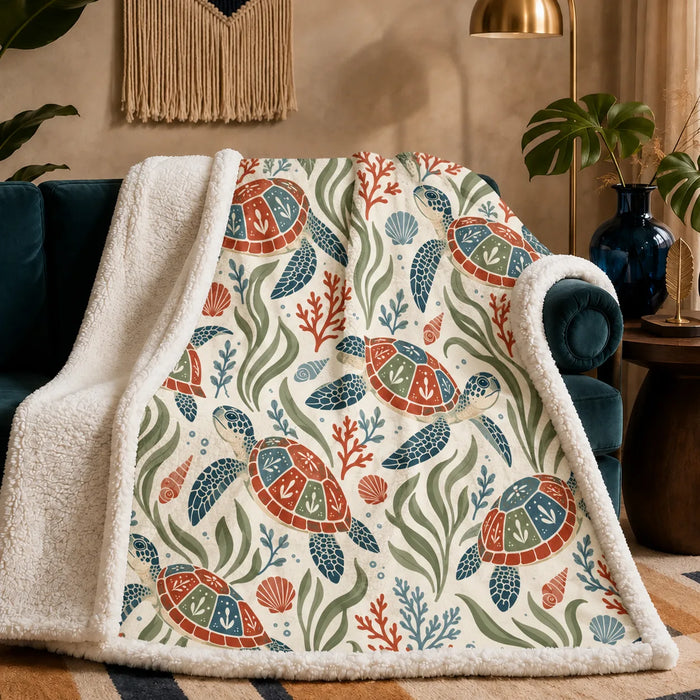 Scandinavian Folk Sea Turtle sherpa blanket — folk art sea turtles with red, blue and sage paneled shells among coral on cream