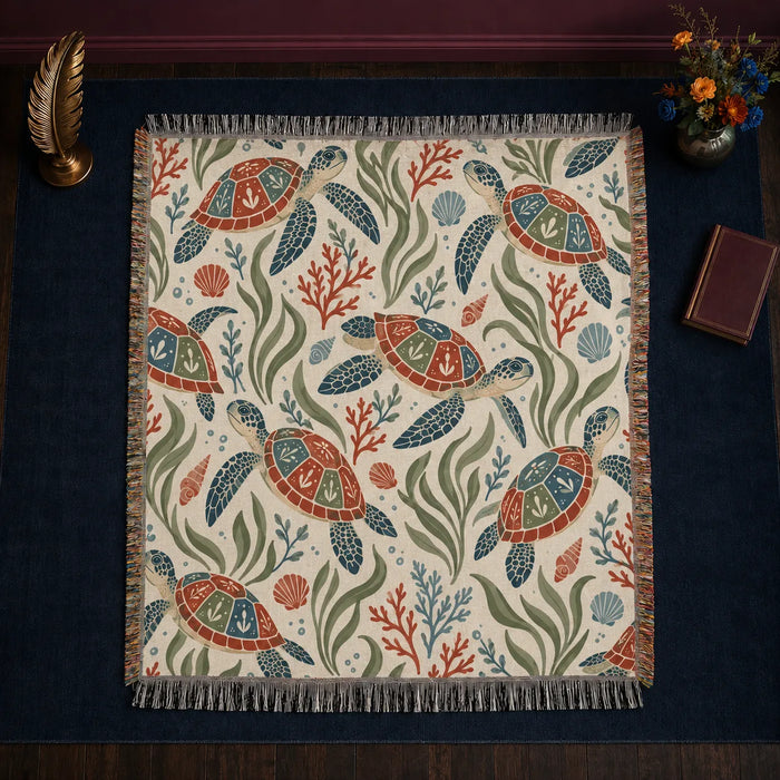 Scandinavian Folk Sea Turtle woven throw blanket — folk art sea turtles with red, blue and sage paneled shells among coral on cream