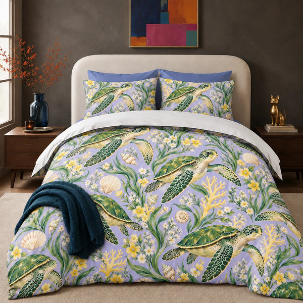 Spring Lilac Sea Turtle comforter set — green sea turtles among yellow and white blossoms, seagrass and pale coral on lilac