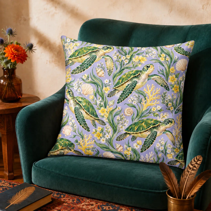 Spring Lilac Sea Turtle cushion cover set — green sea turtles among yellow and white blossoms, seagrass and pale coral on lilac
