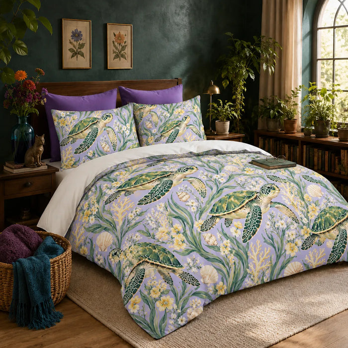 Spring Lilac Sea Turtle duvet cover set — green sea turtles among yellow and white blossoms, seagrass and pale coral on lilac