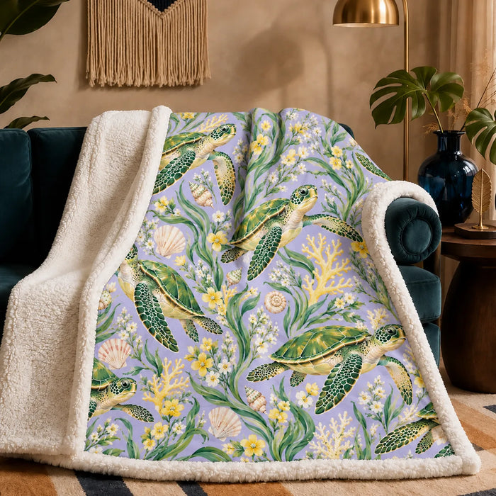 Spring Lilac Sea Turtle sherpa blanket — green sea turtles among yellow and white blossoms, seagrass and pale coral on lilac